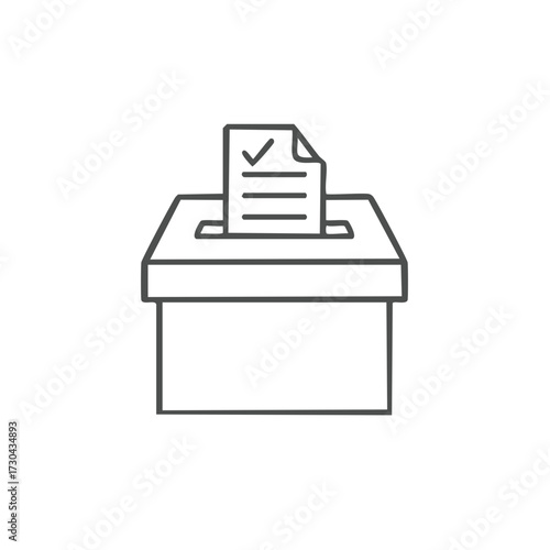 Election ballot box with vote paper and checkmark, simple line vector icon illustration