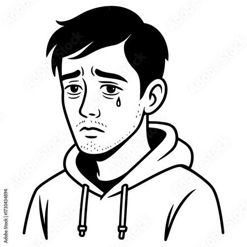 A man is crying and wearing a hoodie. He is sad and has tears in his eyes. Vector. Silhouette illustration.