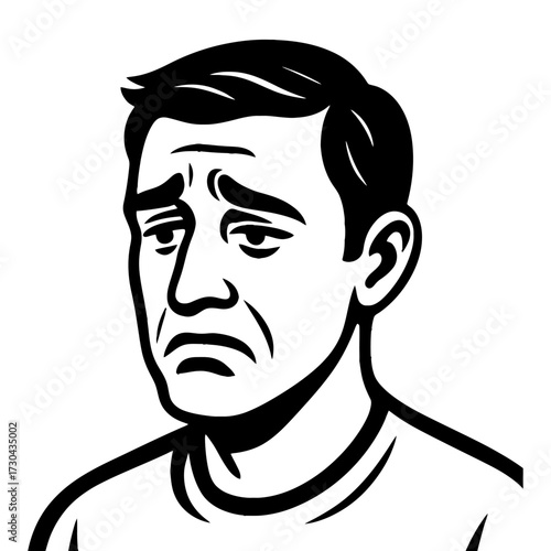 A man with a sad expression on his face. He is wearing a white shirt and black pants. Vector. Silhouette illustration.