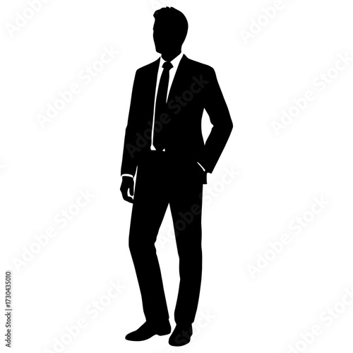 A man in a suit and tie is standing in front of a white background. Concept of professionalism and formality. Vector. Silhouette illustration.