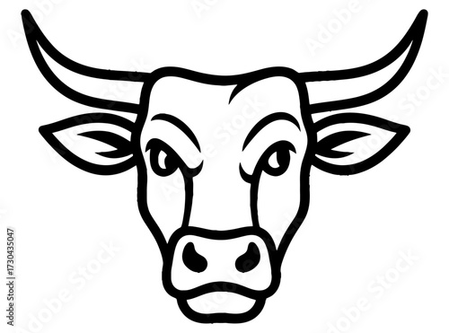 A bull with horns is shown in a black and white drawing. The bull has a menacing look on its face. Vector. Silhouette illustration.