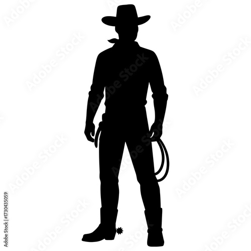 A cowboy is standing in a silhouette with a cowboy hat and a lasso. The cowboy is holding a lasso and a whip. Vector. Silhouette illustration.