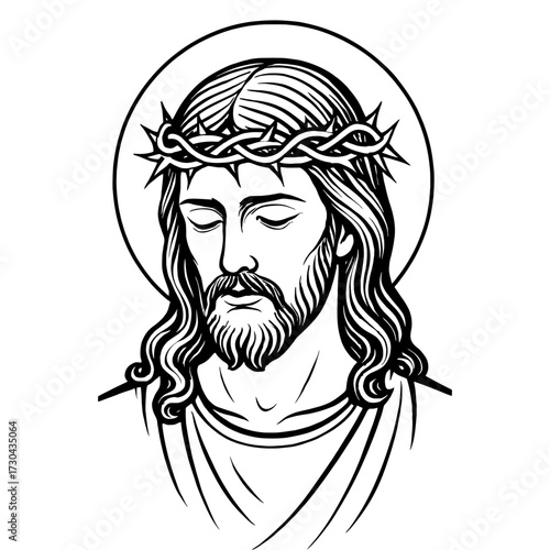 A drawing of Jesus Christ with a crown of thorns on his head. Concept of sacrifice and humility. Vector. Silhouette illustration.