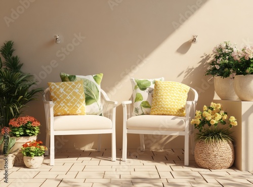 Outdoor seating area with decorative pillows and potted plants in sunlight