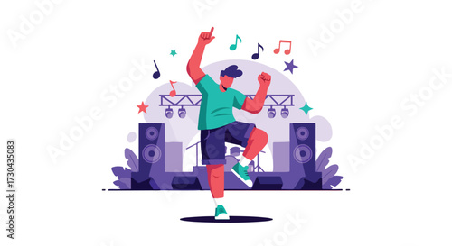 Dynamic music event illustration showcases energetic man dancing with musical elements on background stage setup