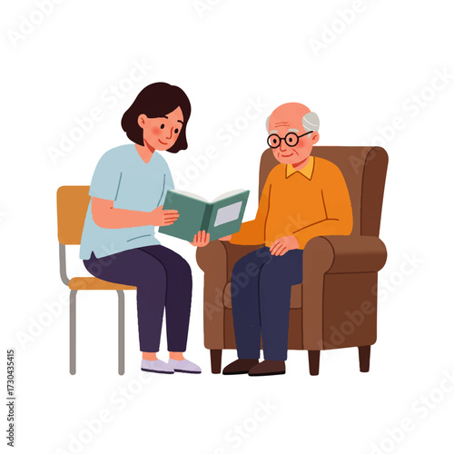 Young Woman Reading Book to Elderly Man.
