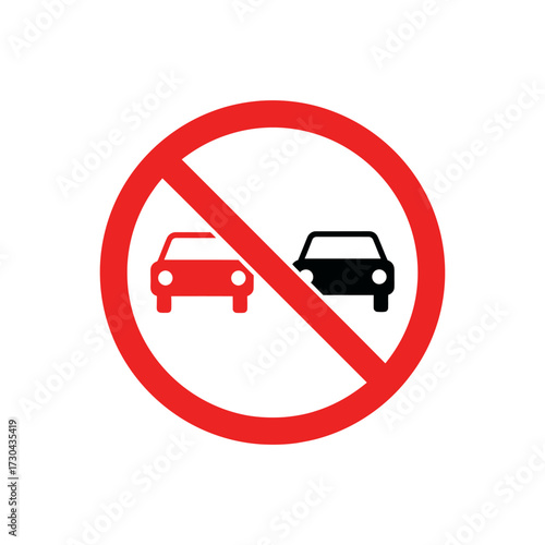 No overtaking sign with red circle and two cars indicating a prohibition of passing on the road, symbolizing safety and regulation in transportation.