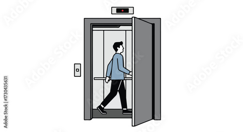 Man stepping out of an elevator with open doors, minimal grayscale vector style illustration representing accessibility and daily life inside a