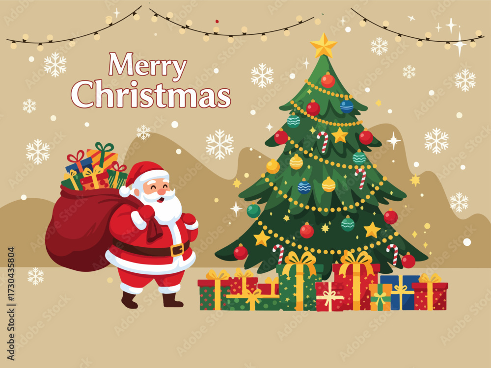 Naklejka premium Festive Christmas Background with Santa Claus and Tree