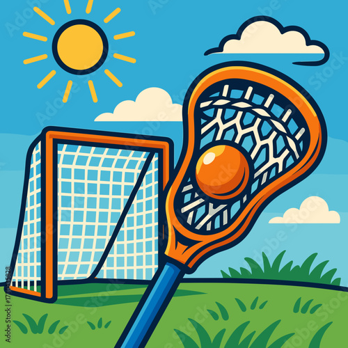 Lacrosse stick with a ball in front of a goal under a sunny sky and fluffy clouds
