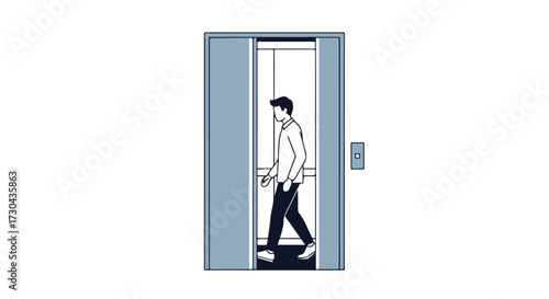 Illustration of a man stepping out from a stylized elevator with opened doors minimal graphic and limited color palette on a white background