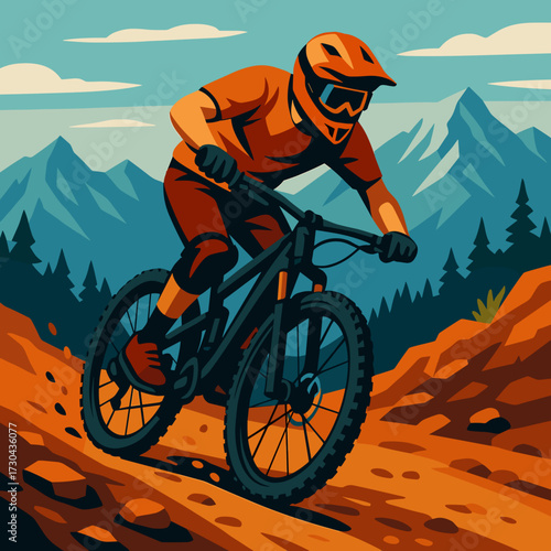 Mountain biker riding on a rocky trail in the mountains wearing safety gear