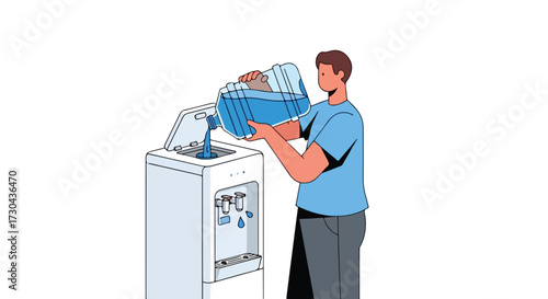 Man refills office water cooler with large bottle, promoting hydration and wellness in a corporate workspace portraying a healthy lifestyle