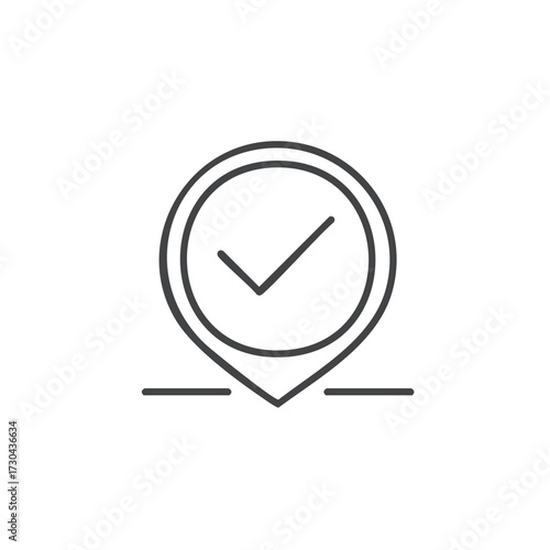 Location Pin with Check Mark, GPS Symbol for Accepted Place Outline Icon