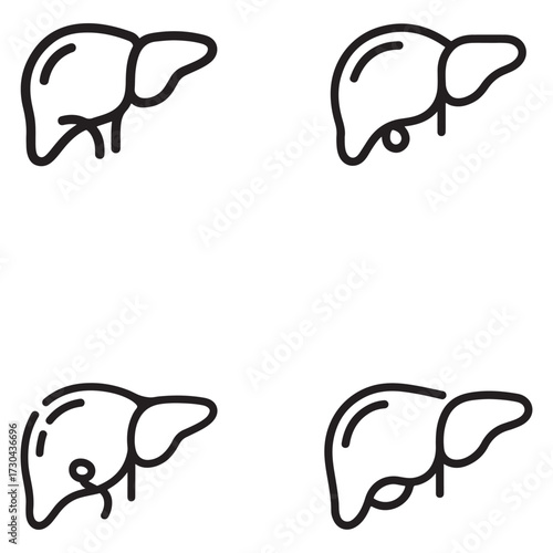 Set of human liver anatomy outline illustrations isolated on white background silhouette