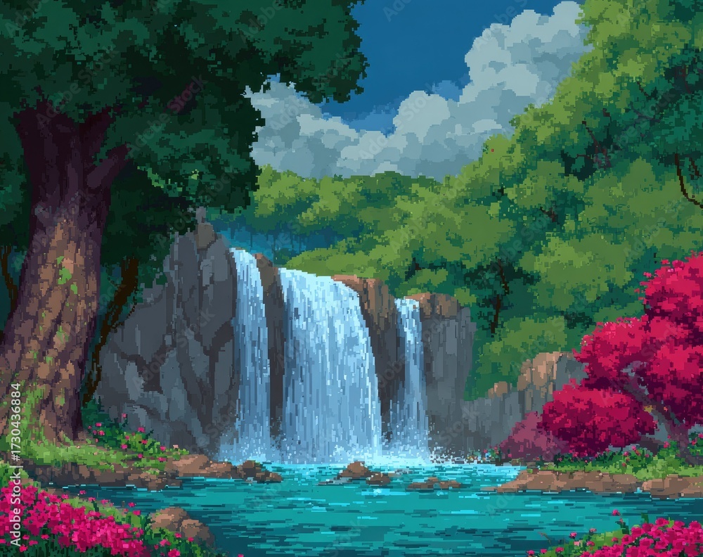 Fototapeta premium Pixelated waterfall landscape illustration with vibrant colors and lush environment