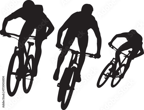 Dynamic cyclists race downhill in thrilling silhouette action