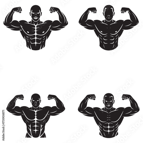 Collection of muscular human body silhouettes isolated on white background