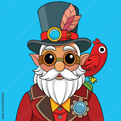 Cartoon steampunk gnome adorns top hat and goggles, accompanied by a vibrant red bird