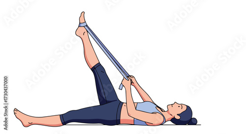 Person using a stretching strap to improve flexibility and range of motion, laying supine on the floor for a hamstring exercise demonstrating