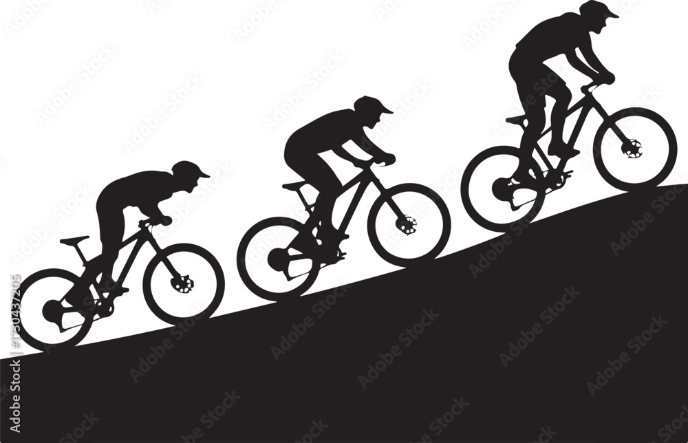 Naklejka premium Cyclists ascend hill, progress visualized in black silhouette