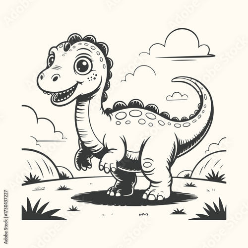 Vector art of a cute cartoon dinosaur standing in a prehistoric landscape with clouds and hills in the background, black and white illustration for children, playful and friendly character