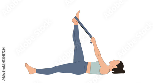 Illustration of a woman stretching her hamstring with a strap on a white background representing flexibility and wellness through exercise for a