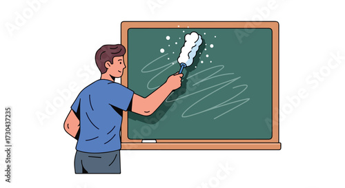 Illustration of a man dusting a chalkboard in a classroom setting conveying cleanliness and preparation for lessons with chalk dust particles visible