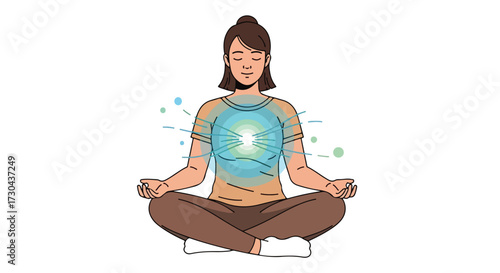 Meditating woman radiating light in lotus pose, embodying mindfulness and inner peace for a balanced and serene life