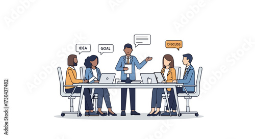 Dynamic office scene portraying professionals gathered for a productive meeting and brainstorming session to achieve business objectives and discuss