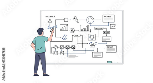 Conceptual representation of business process optimization illustrated on a whiteboard using flowchart diagrams for effective problem-solving