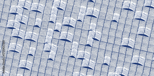 Hand drawn brush lines abstract small ocean waves pattern in white and traditional indigo blue, Japanese and ethnic wood carving, block print texture background, simple graphic for textile, carpet, de