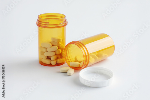 Two transparent amber prescription bottles filled with yellow oblong pills
