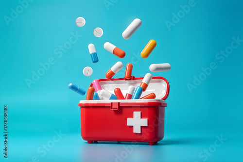 A red first aid kit overflowing with assorted pills and capsules