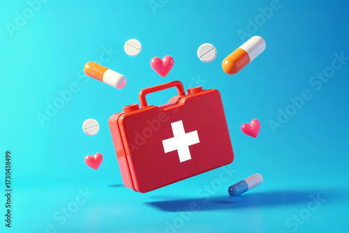 A red first aid kit overflowing with assorted pills and capsules