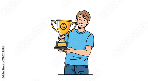 Illustrative depiction of a smiling young man proudly holding a golden trophy symbolizing success and achievement, representing victory and the