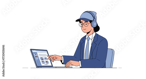 Illustrated recruitment professional using a laptop and headphones for online job interviews, selecting a candidate profile efficiently and easily