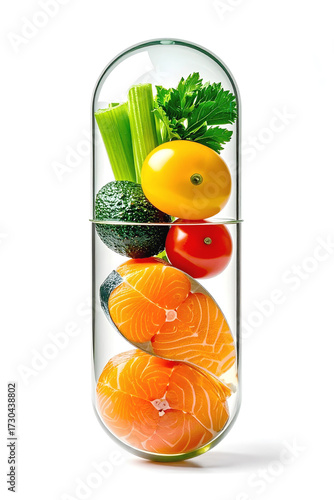 A clear glass capsule filled with colorful, healthy fresh foods
