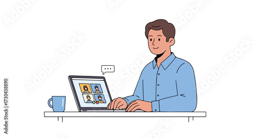 Illustrated man attends virtual meeting on his laptop with coffee break at table in home setting representing digital connection and remote work