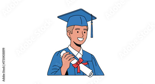 Illustrative depiction of a young male graduate in full regalia, radiating accomplishment and optimism, holding degree and symbolizing educational