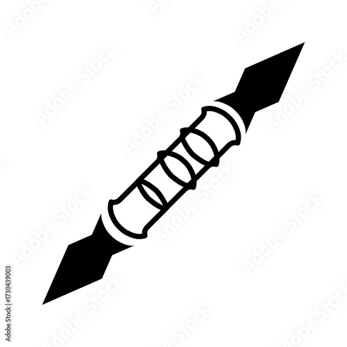 Abstract double-bladed traditional spear, symmetrical weapon. Two-sided ancient spear, ceremonial weapon. Traditional double-ended fighting spear.