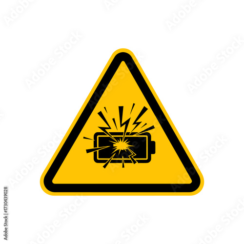 Damaged battery explodes within yellow warning triangle, indicating potential danger and malfunction in a stark, minimalist style.