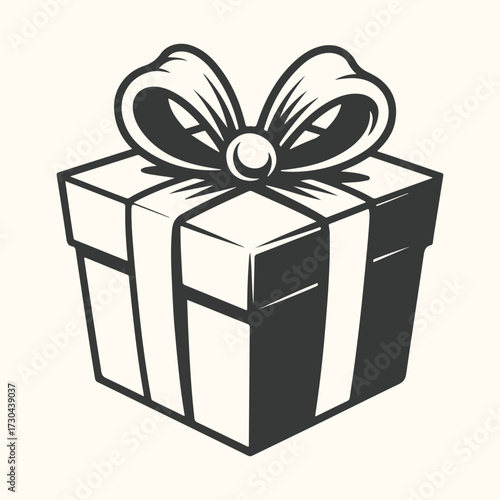 Vector art of a stylized black and white illustration of a gift box with a bow, presented in a classic, graphic art style, evoking a sense of celebration and surprise