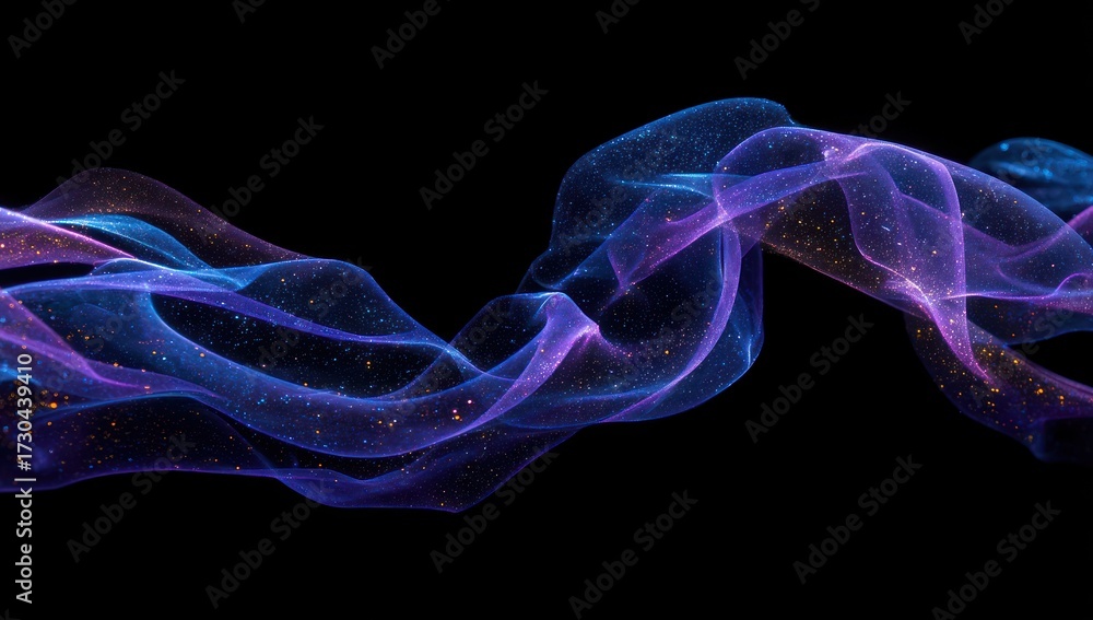 Fototapeta premium Abstract design featuring flowing, translucent shapes of vibrant purple and blue, dotted with golden particles, against a dark background.