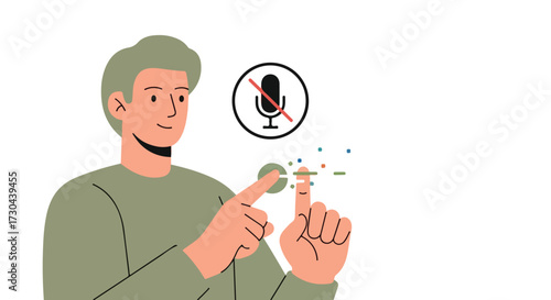 Illustration of a Person Silencing Their Microphone with a Tap and an Anti-Microphone Icon Above Representing Digital Privacy or Communication Control