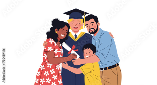 Illustration of a happy family celebrating their son's graduation achievement with joy and pride during the academic milestone moment