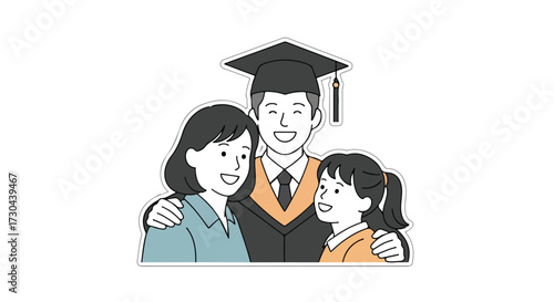 Celebrating academic achievement with loved ones: A graduate's proud moment shared with family illustrated with simplistic style