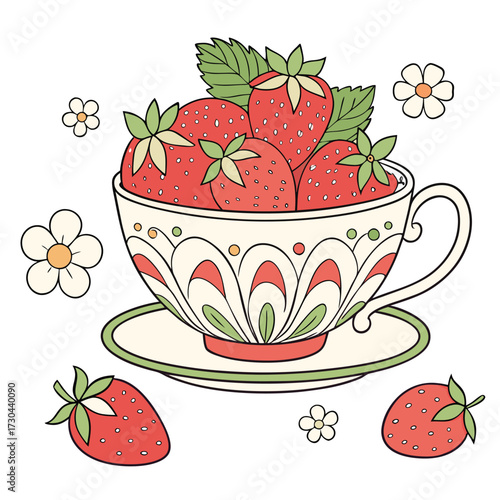 Colorful teacup brimming with fresh strawberries sitting amongst dainty flowers on a white background