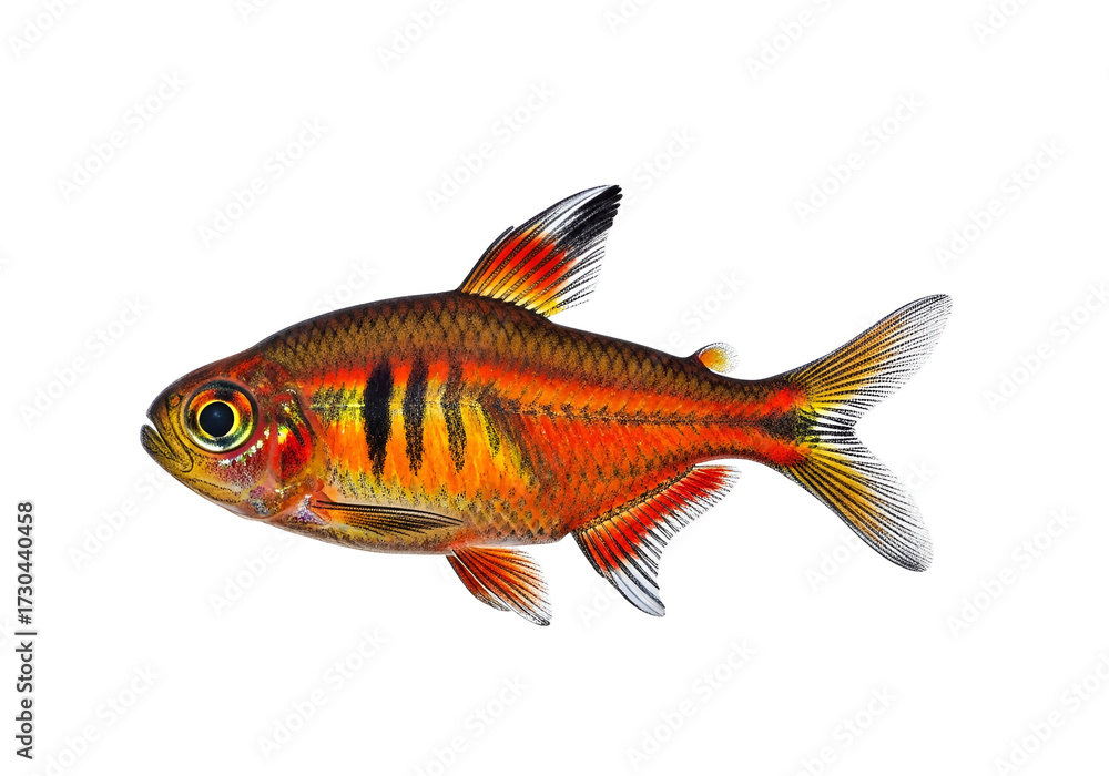 Fototapeta premium Vividly colored fish, with intricate patterns, is presented against a black backdrop, showcasing its striking scales and fins.