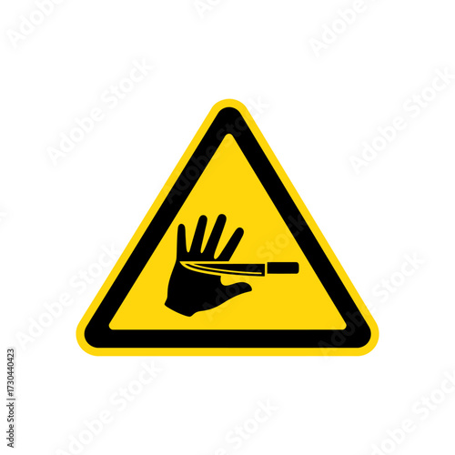 Hand gets cut by knife in yellow triangle warning sign indicating danger and potential injury in workplace or kitchen.